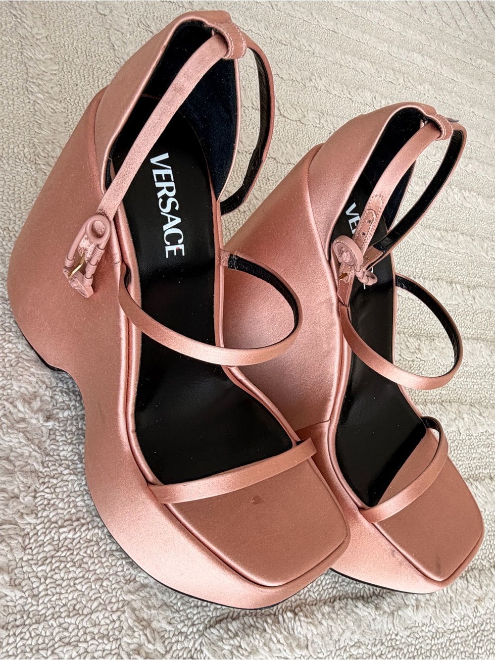 Versace Rose Gold Satin Platform Wedge Sandals / Size US 9.5/10